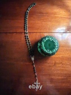 Vtg Sterling Silver Malachite Stone Beads Rosary & Vtg Czech Malachite Glass Box