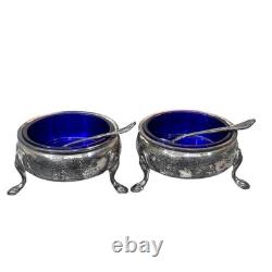 Vtg Sterling Silver Salt Cellars Cobalt Blue Glass Inserts Spoons Whiting Co 80g