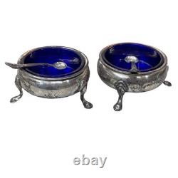 Vtg Sterling Silver Salt Cellars Cobalt Blue Glass Inserts Spoons Whiting Co 80g