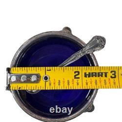 Vtg Sterling Silver Salt Cellars Cobalt Blue Glass Inserts Spoons Whiting Co 80g