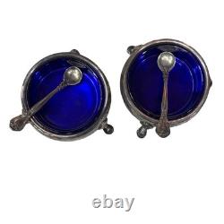 Vtg Sterling Silver Salt Cellars Cobalt Blue Glass Inserts Spoons Whiting Co 80g