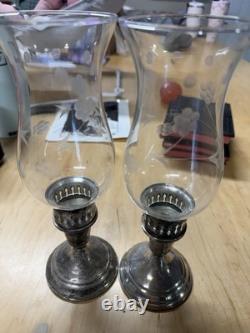 Vtg Towle Sterling Silver Hurricane Candle Holders Pair Etched Glass Sticker