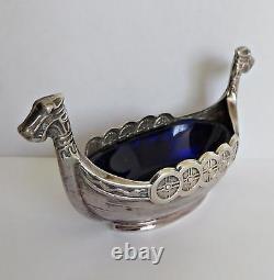 Vtg Viking Ship Sterling Silver Cobalt Blue Glass Insert Salt Cellar Sweden #2