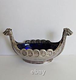 Vtg Viking Ship Sterling Silver Cobalt Blue Glass Insert Salt Cellar Sweden #2