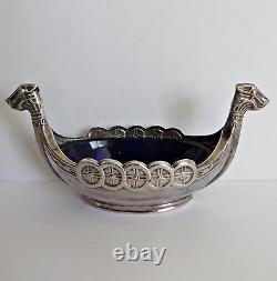 Vtg Viking Ship Sterling Silver Cobalt Blue Glass Insert Salt Cellar Sweden #2