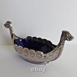 Vtg Viking Ship Sterling Silver Cobalt Blue Glass Insert Salt Cellar Sweden #2