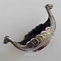 Vtg Viking Ship Sterling Silver Cobalt Blue Glass Insert Salt Cellar Sweden #2