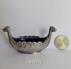 Vtg Viking Ship Sterling Silver Cobalt Blue Glass Insert Salt Cellar Sweden #2