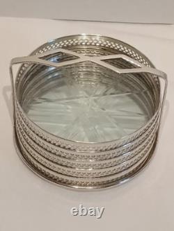 Webster Glass Coasters with Sterling Silver Rims and Caddy Art Deco