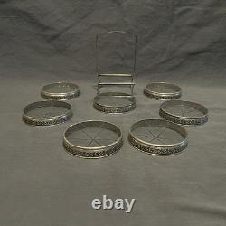 Webster STERLING SILVER RIMS & Starburst Cut GLASS SET OF 7 COASTERS