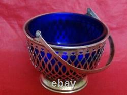 Webster Sterling Silver Reticulated Basket Blue Glass Liner Swing Handle