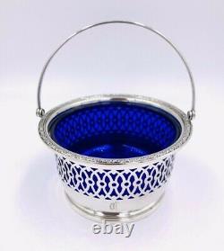 Webster Sterling Silver Reticulated Basket, Blue Glass Liner Swing handle