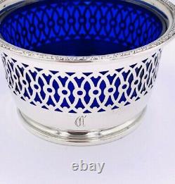 Webster Sterling Silver Reticulated Basket, Blue Glass Liner Swing handle