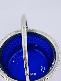 Webster Sterling Silver Reticulated Basket, Blue Glass Liner Swing handle