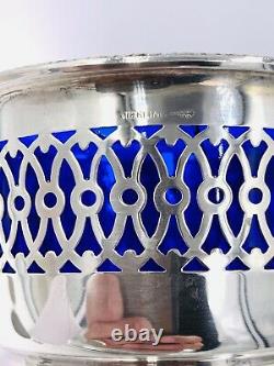 Webster Sterling Silver Reticulated Basket, Blue Glass Liner Swing handle