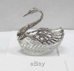 West German Sterling Silver & Cut Glass Swan Salt Cellar Dish