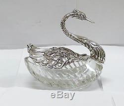 West German Sterling Silver & Cut Glass Swan Salt Cellar Dish