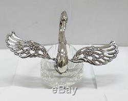 West German Sterling Silver & Cut Glass Swan Salt Cellar Dish