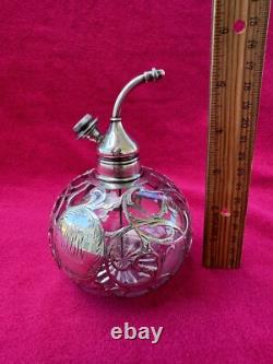 Whiting Sterling Silver Overlay Cut Glass Atomizer Perfume Bottle Art Nouveau