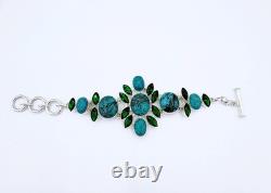 Wild Chunky Wide Turquoise & Faceted Green Glass Sterling Silver Bracelet