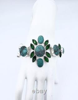 Wild Chunky Wide Turquoise & Faceted Green Glass Sterling Silver Bracelet