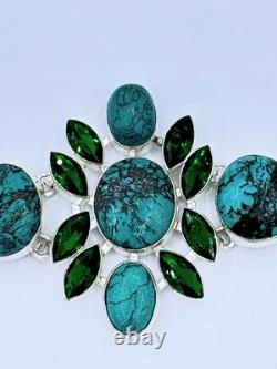 Wild Chunky Wide Turquoise & Faceted Green Glass Sterling Silver Bracelet