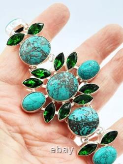 Wild Chunky Wide Turquoise & Faceted Green Glass Sterling Silver Bracelet