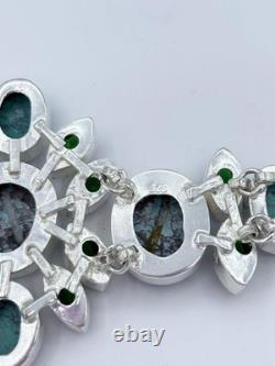 Wild Chunky Wide Turquoise & Faceted Green Glass Sterling Silver Bracelet