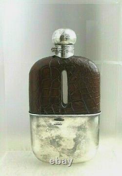 William Hutton & Sons Sterling Silver, Glass and Crocodile Flask England 1900