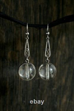 Wonderful Antique Edwardian English Silver Pool Of Light Glass Bead Earrings