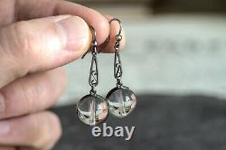 Wonderful Antique Edwardian English Silver Pool Of Light Glass Bead Earrings