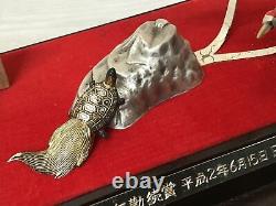 Y2274 OKIMONO Sterling silver Crane Turtle glass case Japan antique home decor