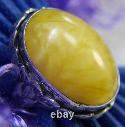 Yellow Peking Glass hand craft 1 Antique leaf 0.925 Sterling Silver Ring size 6